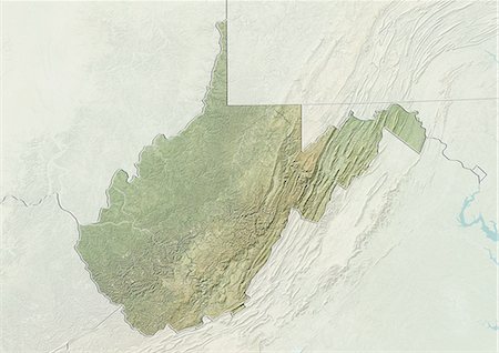 Plan-relief de l'état de Virginie occidentale, aux États-Unis. Cette image a été compilée à partir de données acquises par les satellites LANDSAT 5 & 7 combinées avec les données d'élévation. Photographie de stock - Rights-Managed, Code: 872-06161084