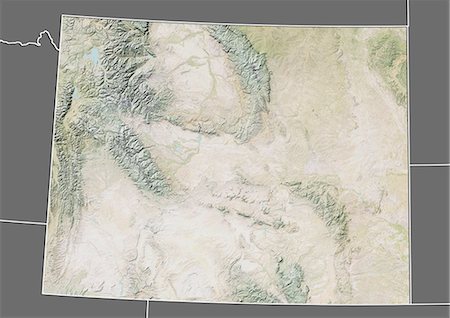 simsearch:872-06055119,k - Relief map of the State of Wyoming, United States. This image was compiled from data acquired by LANDSAT 5 & 7 satellites combined with elevation data. Foto de stock - Con derechos protegidos, Código: 872-06161089