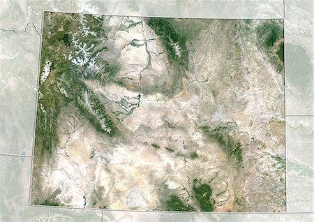 simsearch:872-06160504,k - Satellite view of the State of Wyoming, United States. This image was compiled from data acquired by LANDSAT 5 & 7 satellites. Stock Photo - Rights-Managed, Code: 872-06161091