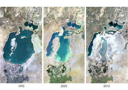 simsearch:872-08082717,k - Satellite view of the Aral Sea in 1990, 2000 and 2010. This image shows the shrinking of the Aral Sea over the years. Foto de stock - Con derechos protegidos, Código: 872-08082706