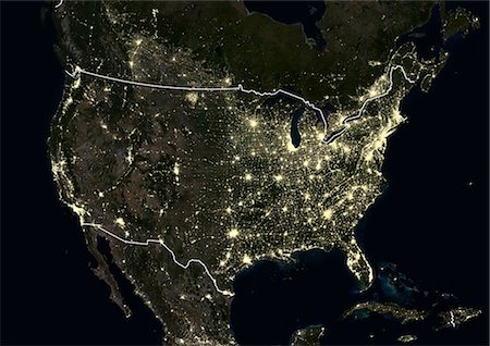 satellite view city - United States at night in 2012. This satellite image with country borders shows urban and industrial lights. Stock Photo - Rights-Managed, Code: 872-08082700