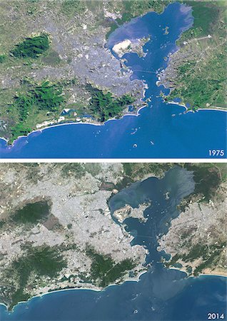 simsearch:872-08082721,k - Satellite view of Rio de Janeiro, Brazil in 1975 and 2014. This before and after image shows urban expansion over the years. Foto de stock - Con derechos protegidos, Código: 872-08082721