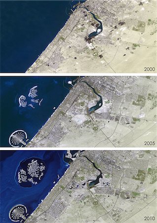 Satellite view of Dubai, United Arab Emirates in 2000, 2005 and 2010. This before and after image shows urban expansion over the years and the construction of the World Islands and the Palm island called Palm Jumeirah. Stock Photo - Rights-Managed, Code: 872-08082763