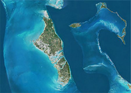 simsearch:872-08689424,k - Satellite view of Andros, New Providence and Eleuthera Islands, Bahamas. New Providence is the most populous island in the Bahamas and it houses the capital city of Nassau. This image was compiled from data acquired by Landsat satellites. Photographie de stock - Rights-Managed, Code: 872-08689414