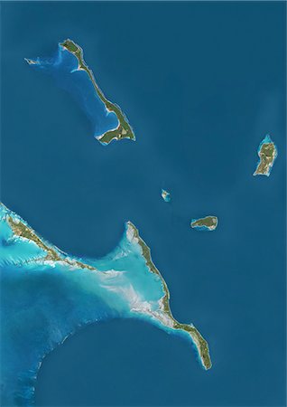 simsearch:872-08689412,k - Satellite view of Cat Island, Great Exuma and Long Island, Bahamas. San Salvador Island and Rum Cay are also to be seen on the image. This image was compiled from data acquired by Landsat satellites. Photographie de stock - Rights-Managed, Code: 872-08689415