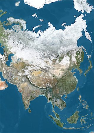 simsearch:872-08689479,k - Satellite view of Asia in winter, with partial snow cover. This image was compiled from data acquired by Landsat 7 & 8 satellites. Foto de stock - Con derechos protegidos, Código: 872-08689410