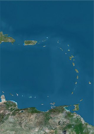 simsearch:872-08689423,k - Satellite view of Islands of the Lesser Antilles and Puerto Rico and Puerto Rico in the Caribbean. This image was compiled from data acquired by Landsat satellites. Foto de stock - Con derechos protegidos, Código: 872-08689424