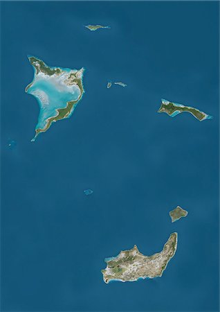 simsearch:872-08689423,k - Satellite view of Bahamas Southern Islands comprising Acklins and Crooked Island, Inagua and Mayaguana. This image was compiled from data acquired by Landsat satellites. Foto de stock - Con derechos protegidos, Código: 872-08689420