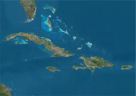 Satellite view of The Greater Antilles and Bahamas. This image was compiled from data acquired by Landsat satellites. Photographie de stock - Rights-Managed, Code: 872-08689423