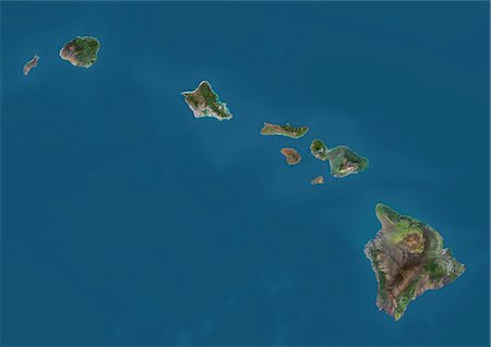 simsearch:872-08689418,k - Satellite view of the State of Hawaii, USA. The main islands are Kauai, Oahu, Maui and the Island of Hawaii. This image was compiled from data acquired by Landsat 8 satellite in 2014. Foto de stock - Con derechos protegidos, Código: 872-08689442