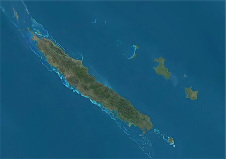 Satellite view of New Caledonia. This image was compiled from data acquired by Landsat satellites. Stock Photo - Rights-Managed, Code: 872-08689455