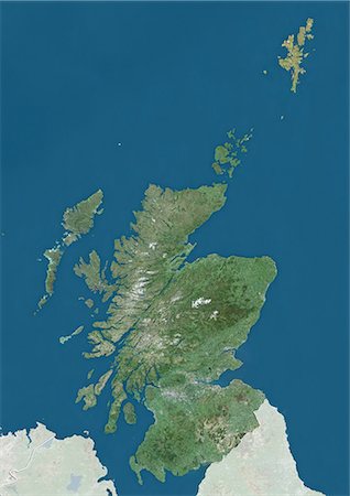 simsearch:872-08689423,k - Satellite view of Scotland and the Northern Isles, UK (with country boundaries and mask). The image shows the mainland of Scotland, including the Northern Isles and the Hebrides. This image was compiled from data acquired by Landsat satellites. Foto de stock - Con derechos protegidos, Código: 872-08689469