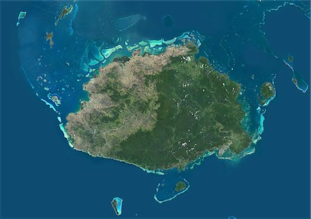 simsearch:872-06160928,k - Satellite view of Viti Levu Island, Fiji. This is the largest island in the Republic of Fiji and the site of the nation's capital, Suva. This image was compiled from data acquired by Landsat 8 satellite in 2014. Foto de stock - Con derechos protegidos, Código: 872-08689489