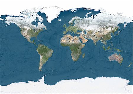 simsearch:872-08689470,k - World Satellite Map in winter, with partial snow cover and showing ocean depths. This image was compiled from data acquired by Landsat 7 & 8 satellites. Photographie de stock - Rights-Managed, Code: 872-08689494