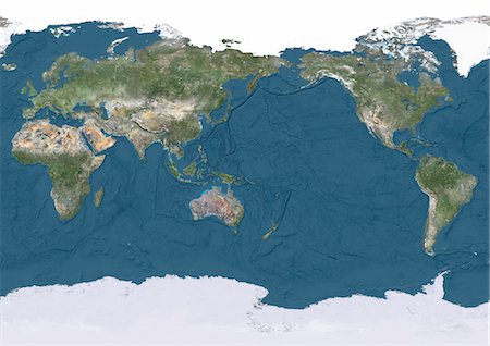 simsearch:872-08689427,k - True natural colour satellite image of the Earth, centred on the Pacific ocean, with Arctic ice cap and showing ocean depths. This image was compiled from data acquired by Landsat satellites. Stock Photo - Rights-Managed, Code: 872-08689497