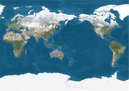 simsearch:872-08689427,k - World Satellite Map (Pacific Centred) in winter, with partial snow cover. This image was compiled from data acquired by Landsat 7 & 8 satellites. Stock Photo - Rights-Managed, Code: 872-08689498