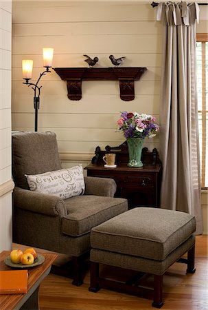 simsearch:872-08914934,k - Vignette of chair and ottoman in guestroom, Buck House on Bald Mountain, Burnsville, NC. Stock Photo - Rights-Managed, Code: 872-08914930
