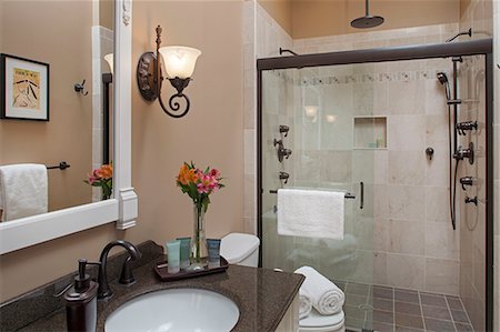 simsearch:872-08915093,k - Bathroom shower and sink in a New York Inn, Landmark Inn, Cooperstown, NY. Photographie de stock - Rights-Managed, Code: 872-08914966