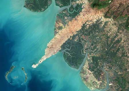 simsearch:872-09185516,k - Color satellite image of Conakry, capital city of Guinea. Image collected on March 03, 2017 by Sentinel-2 satellites. Stock Photo - Rights-Managed, Code: 872-09185491