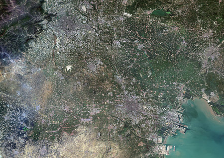 simsearch:872-08082732,k - Color satellite image of Jingjinji Metropolitan Region, China. Also called Jing-Jin-Ji, this area encompasses Beijing, Tianjin and Hebei. Image collected on October 05, 2017 by Sentinel-2 satellites. Photographie de stock - Rights-Managed, Code: 872-09185532