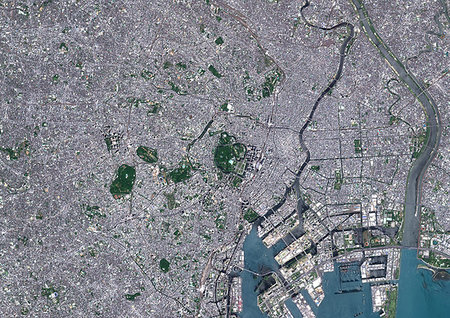 simsearch:872-09185587,k - Color satellite image of Tokyo, capital city of Japan. Image collected on May 08, 2017 by Sentinel-2 satellites. Photographie de stock - Rights-Managed, Code: 872-09185586