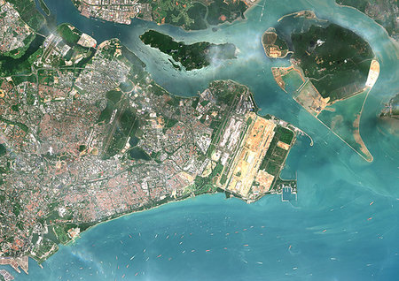 simsearch:872-09185696,k - Color satellite image of the eastern part of Singapore. Singapore Changi Airport is at the eastern end of the city. Image collected on July 10, 2017 by Sentinel-2 satellites. Stock Photo - Rights-Managed, Code: 872-09185606