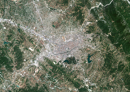 satellite view aerial - Color satellite image of Tirana, capital city of Albania. Image collected on July 11, 2017 by Sentinel-2 satellites. Stock Photo - Rights-Managed, Code: 872-09185624