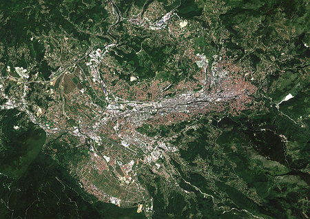 Color satellite image of Sarajevo, capital city of Bosnia and Herzegovina. Image collected on July 14, 2017 by Sentinel-2 satellites. Stock Photo - Rights-Managed, Code: 872-09185628