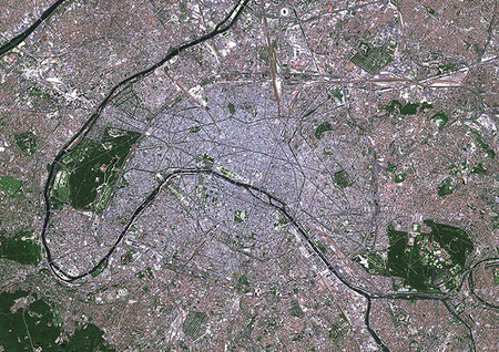 satellite view aerial - Color satellite image of Paris, capital city of France. The Seine River flows through the city. Image collected on May 26, 2017 by Sentinel-2 satellites. Stock Photo - Rights-Managed, Code: 872-09185637