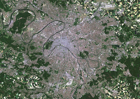 simsearch:872-09185484,k - Color satellite image of Greater Paris, capital city of France. Image collected on May 26, 2017 by Sentinel-2 satellites. Foto de stock - Con derechos protegidos, Código: 872-09185638