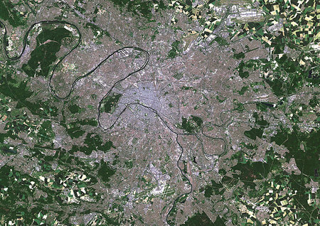 simsearch:872-09185507,k - Color satellite image of Greater Paris, capital city of France. Image collected on May 26, 2017 by Sentinel-2 satellites. Foto de stock - Con derechos protegidos, Código: 872-09185638