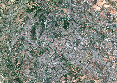 simsearch:872-09185652,k - Color satellite image of Rome, capital city of Italy. The Tiber flows through the city. Image collected on July 30, 2017 by Sentinel-2 satellites. Photographie de stock - Rights-Managed, Code: 872-09185645