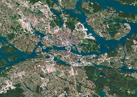 simsearch:872-09185676,k - Color satellite image of Stockholm, capital city of Sweden. Image collected on July 06, 2017 by Sentinel-2 satellites. Photographie de stock - Rights-Managed, Code: 872-09185664