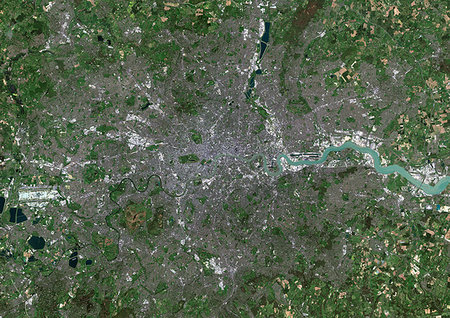 simsearch:872-09185640,k - Color satellite image of Greater London, capital city of England and the United Kingdom. The River Thames flows through London. Image collected on April 09, 2017 by Sentinel-2 satellites. Photographie de stock - Rights-Managed, Code: 872-09185668