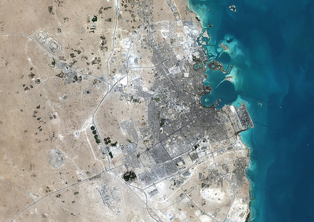 simsearch:872-09185695,k - Color satellite image of Doha, capital city of Qatar. Image collected on October 17, 2017 by Sentinel-2 satellites. Foto de stock - Con derechos protegidos, Código: 872-09185684