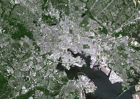 simsearch:872-09185859,k - Color satellite image of Baltimore, Maryland, United States. Image collected on May 16, 2017 by Sentinel-2 satellites. Photographie de stock - Rights-Managed, Code: 872-09185703