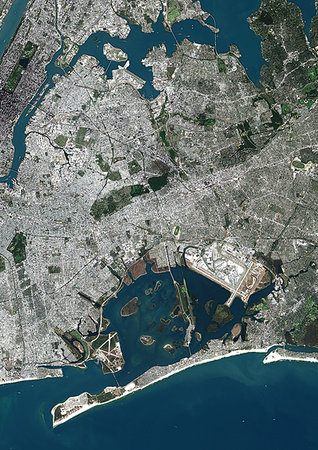 Color satellite image of Queens, New York City, New York State, United States. Located on Long Island, Queens is one borough of New York City. JFK International Airport is at south while la Guardia Airport lies at north. Image collected on October 20, 2017 by Sentinel-2 satellites. Stock Photo - Rights-Managed, Code: 872-09185731