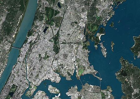 satellite view aerial - Color satellite image of the Bronx, New York City, New York State, United States. The Bronx is one borough of New York City. It lies north and east of Manhattan, across the Harlem River. Image collected on October 20, 2017 by Sentinel-2 satellites. Stock Photo - Rights-Managed, Code: 872-09185732