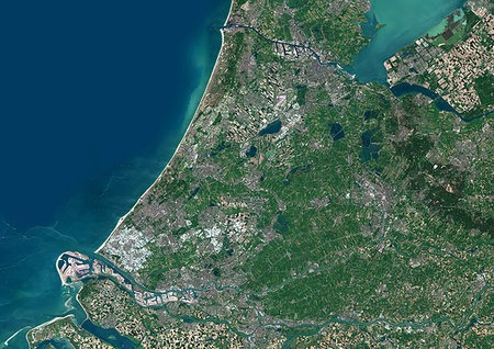 Color satellite image of Randstad, Netherlands. This megalopolis in the central-western Netherlands consists of the four largest Dutch cities, i.e. Amsterdam, Rotterdam, The Hague and Utrecht and their surrounding areas. Image collected on May 26, 2017 by Sentinel-2 satellites. Photographie de stock - Rights-Managed, Code: 872-09185745