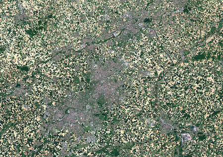 Color satellite image of the Eurometropolis of Lille in France, and Kortrijk and Tournai in Belgium. Image collected on May 26, 2017 by Sentinel-2 satellites. Fotografie stock - Rights-Managed, Codice: 872-09185749