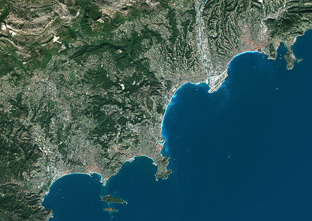 simsearch:872-09185814,k - Color satellite image from Cannes to Nice, France, on the French Riviera. Image collected on October 07, 2017 by Sentinel-2 satellites. Photographie de stock - Rights-Managed, Code: 872-09185740