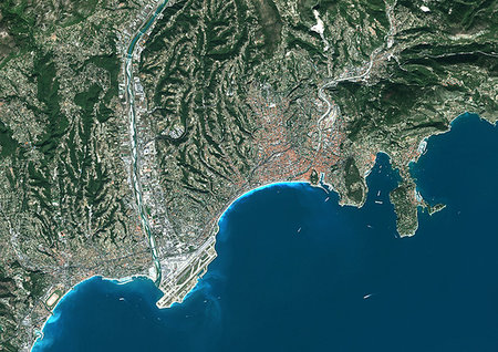 simsearch:872-09185859,k - Color satellite image of Nice, France. Nice Cote d'Azur Airport is located on the coast. Image collected on October 07, 2017 by Sentinel-2 satellites. Photographie de stock - Rights-Managed, Code: 872-09185743