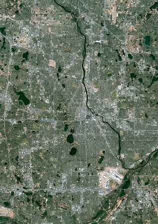 simsearch:872-09185732,k - Color satellite image of Minneapolis, Minnesota, United States. The Mississippi River flows through the city. Minneapolis-Saint Paul International Airport is at south. Image collected on November 18, 2017 by Sentinel-2 satellites. Photographie de stock - Rights-Managed, Code: 872-09185771