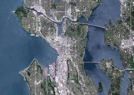 simsearch:872-09185720,k - Color satellite image of Seattle, Washington, United States. It is a seaport city located between the Puget Sound to the west and Lake Washington to the east. Image collected on August 31, 2017 by Sentinel-2 satellites. Photographie de stock - Rights-Managed, Code: 872-09185803