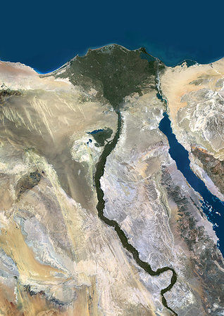 simsearch:872-09185507,k - Color satellite image of the Nile River, Egypt. The Nile Delta is formed in Northern Egypt where the Nile River spreads out and drains into the Mediterranean Sea. Images collected on October 1, 2017 by Landsat 8 satellite. Foto de stock - Con derechos protegidos, Código: 872-09185863